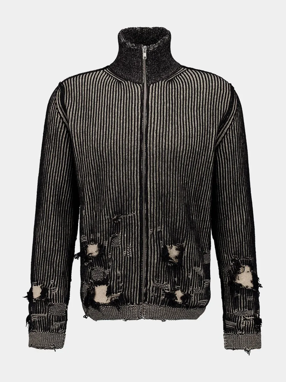 Black Ribbed Wool Zip Cardigan
