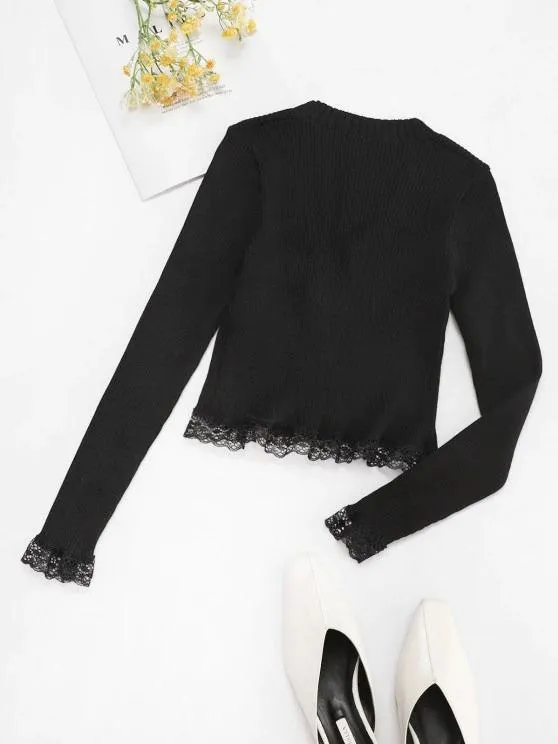 Button Up Scalloped Lace Trim Cardigan for Women