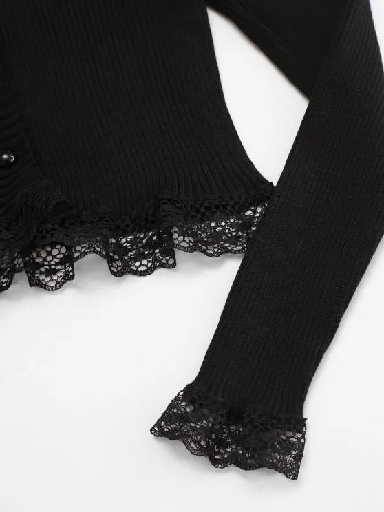 Button Up Scalloped Lace Trim Cardigan for Women