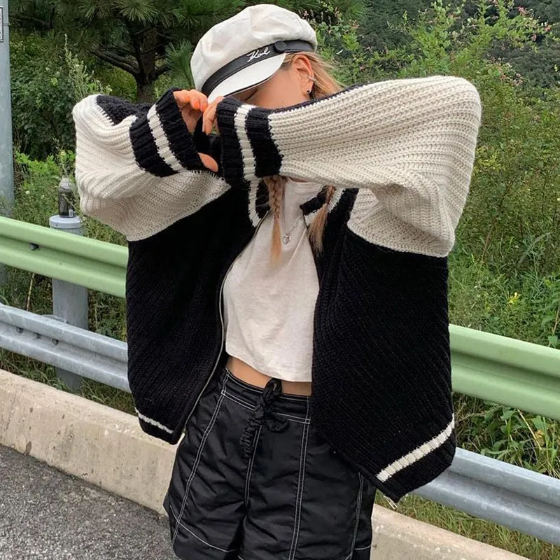 christmas outfit Sonicelife Vintage Contrast Zip Up Cardigan