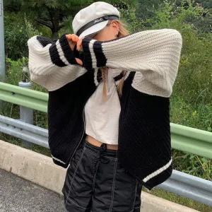 christmas outfit Sonicelife Vintage Contrast Zip Up Cardigan