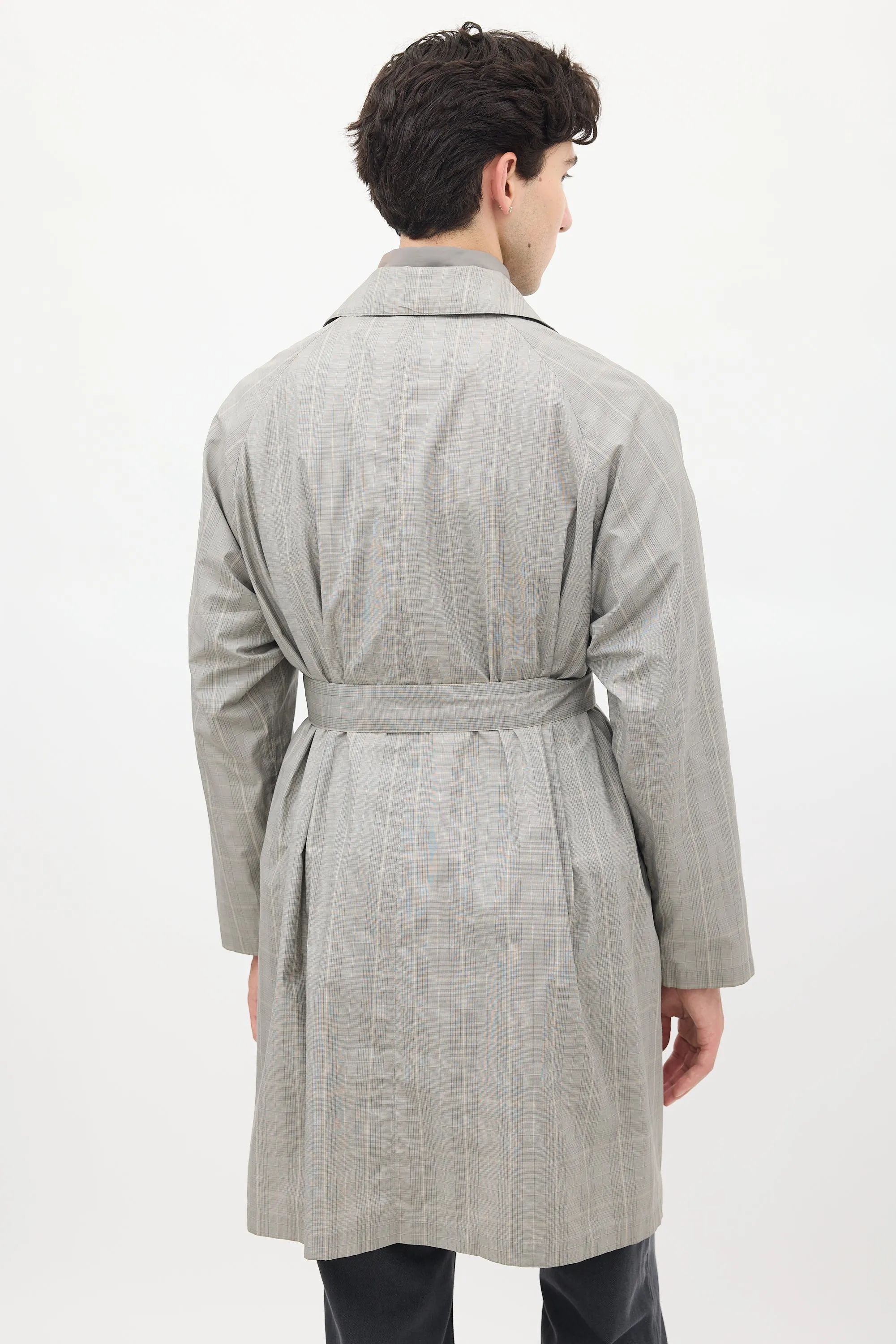 Grey Cotton Check Belted Coat
