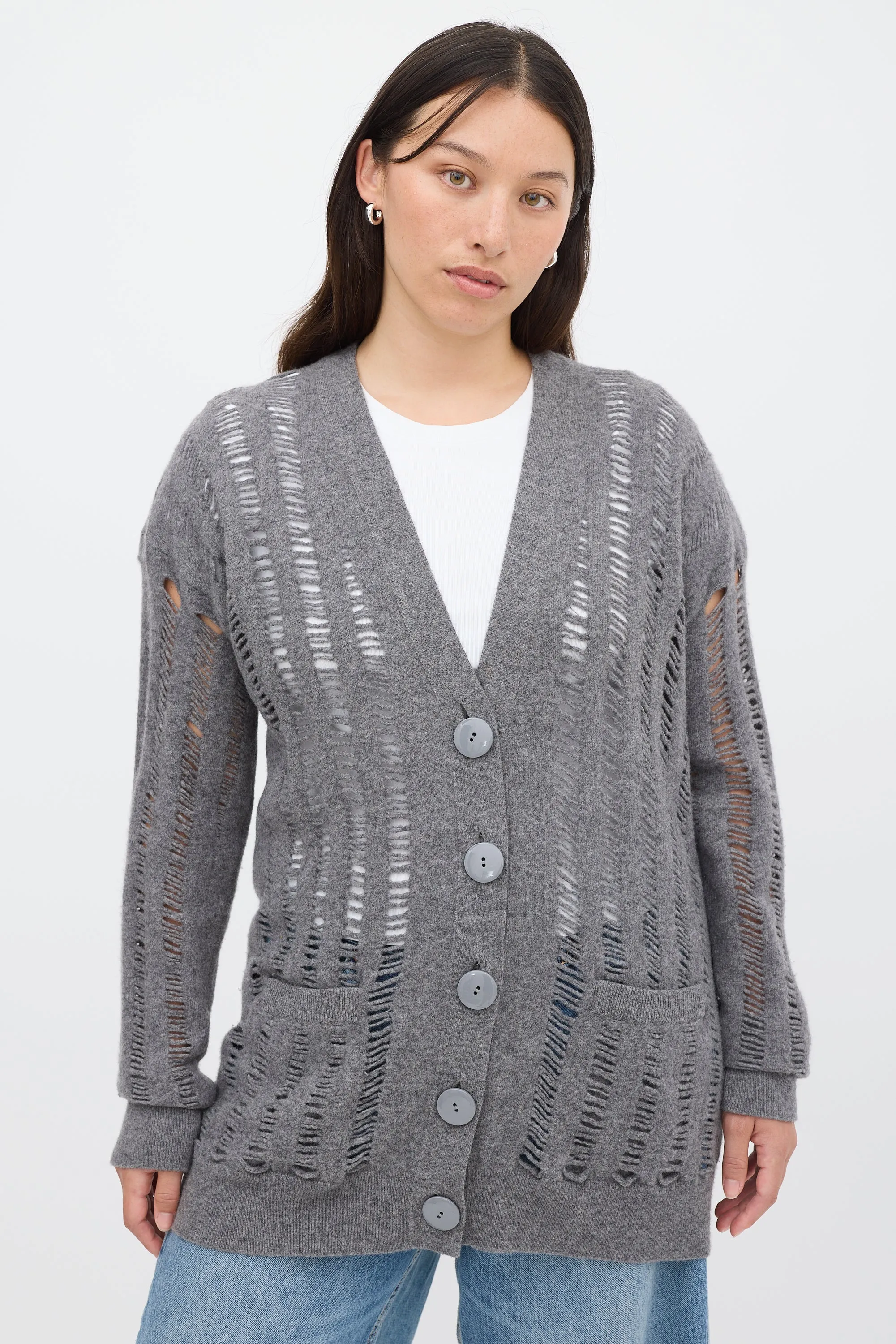 Grey Wool & Cashmere Ladder Stitch Cardigan