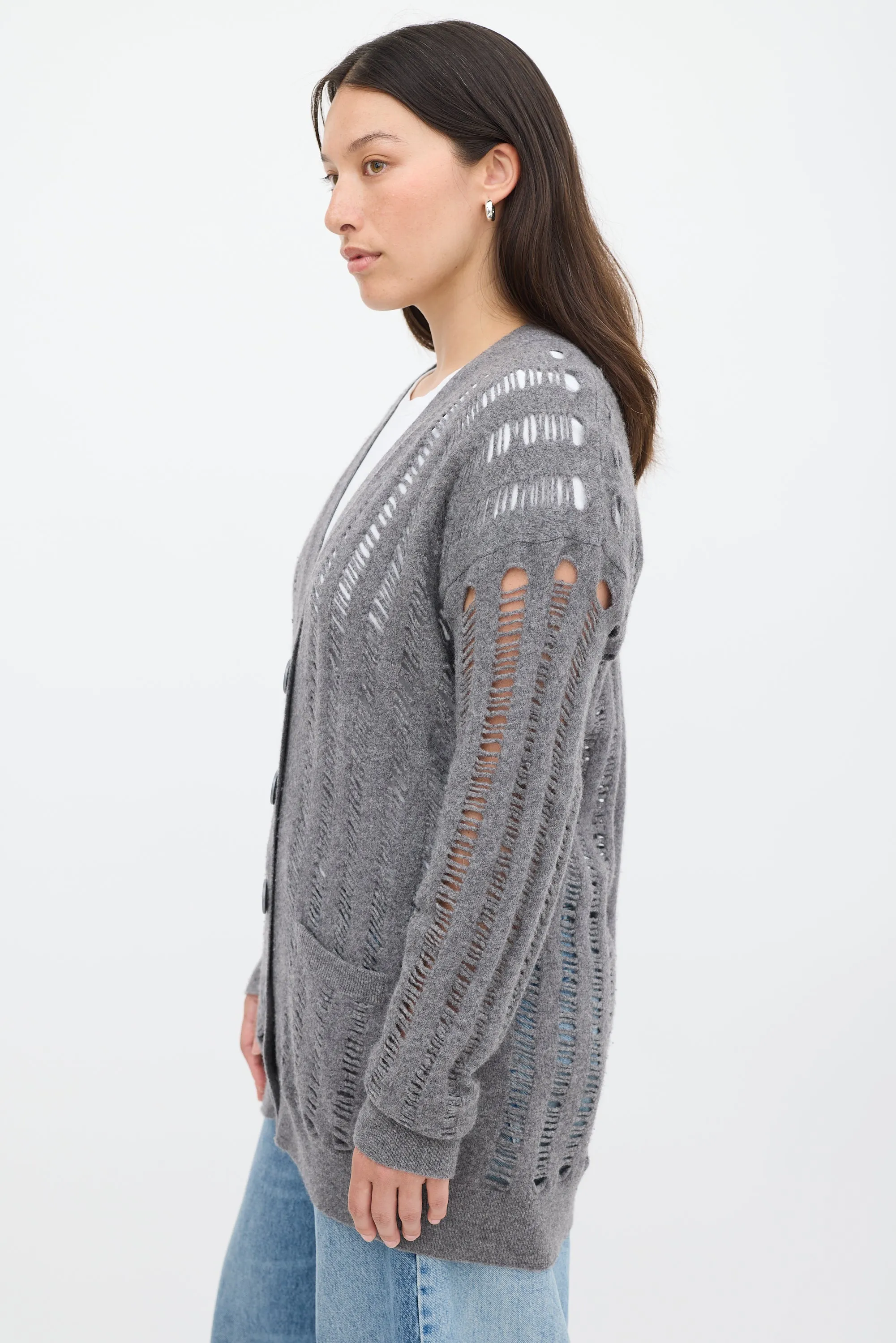 Grey Wool & Cashmere Ladder Stitch Cardigan