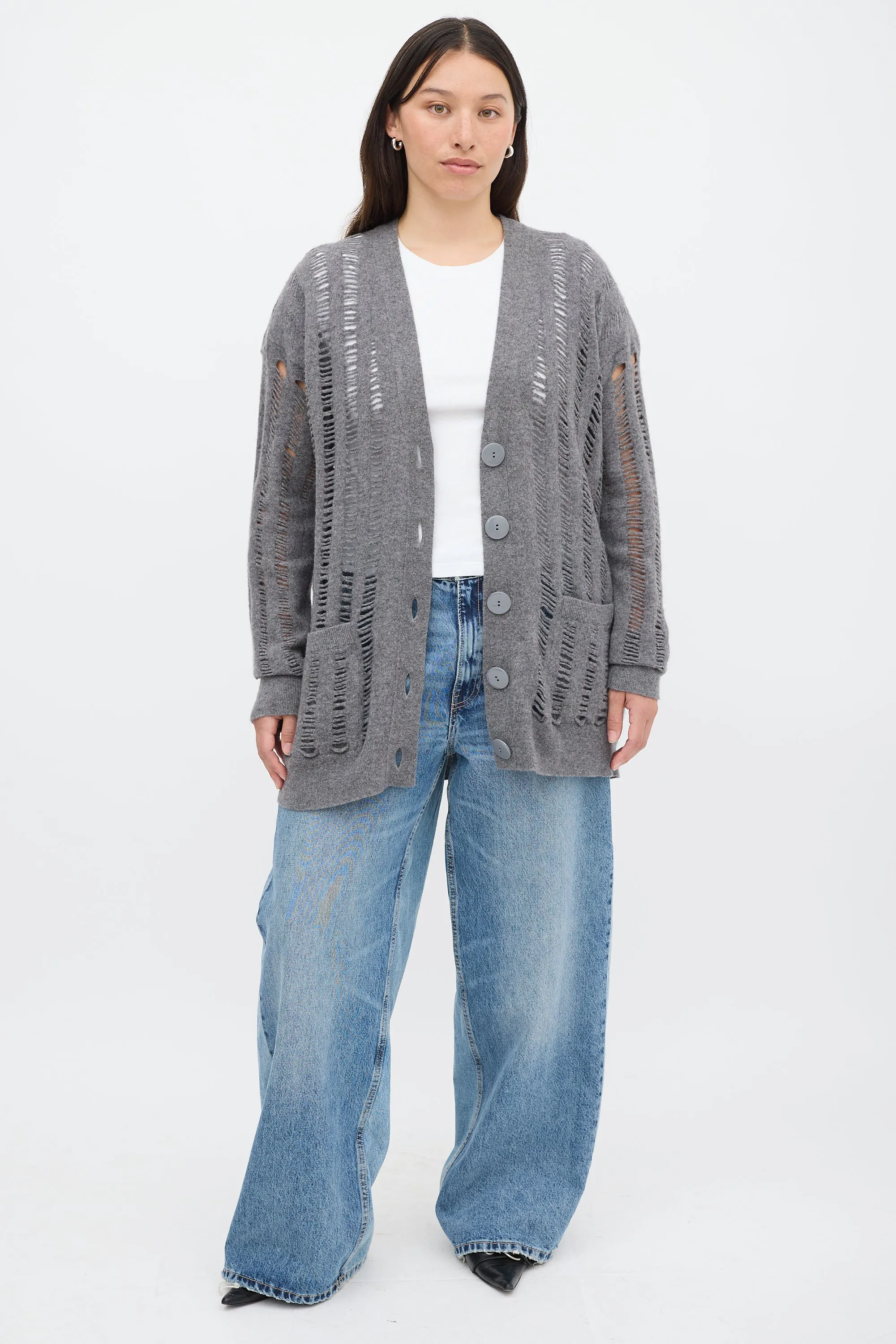 Grey Wool & Cashmere Ladder Stitch Cardigan