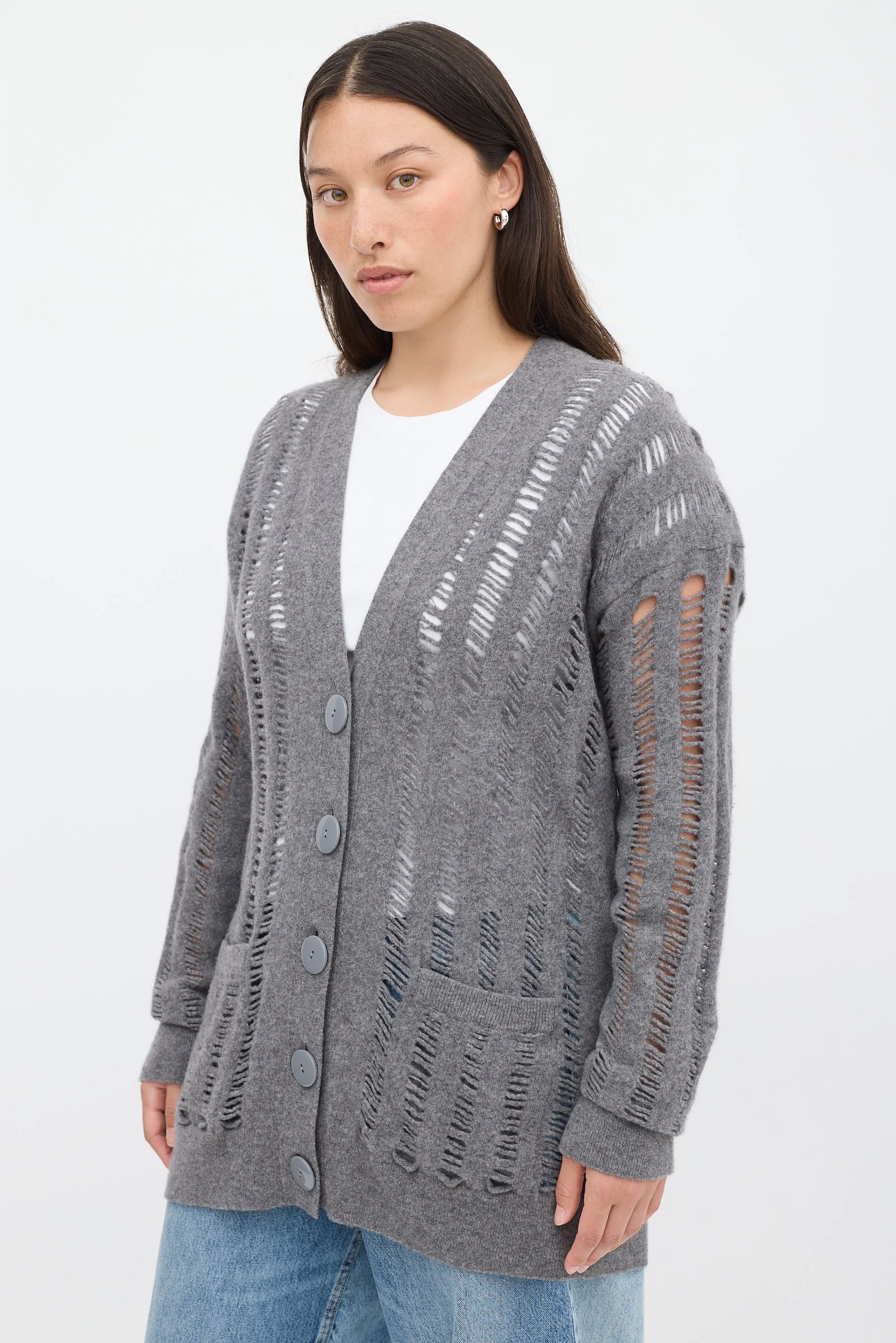 Grey Wool & Cashmere Ladder Stitch Cardigan