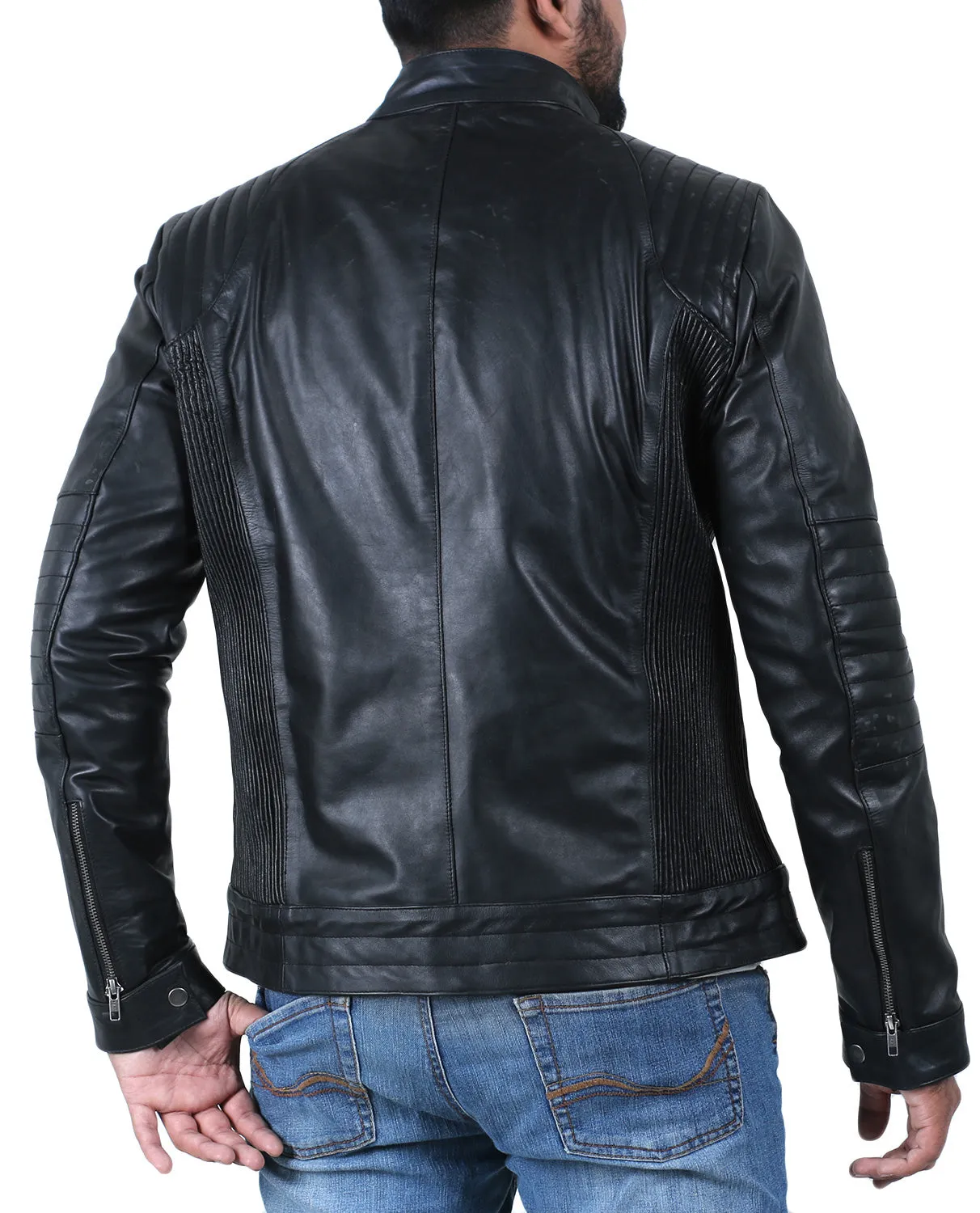 Leather Jackets Hub Mens Genuine Cowhide Leather Jacket (Black, Racer Jacket) - 1501626