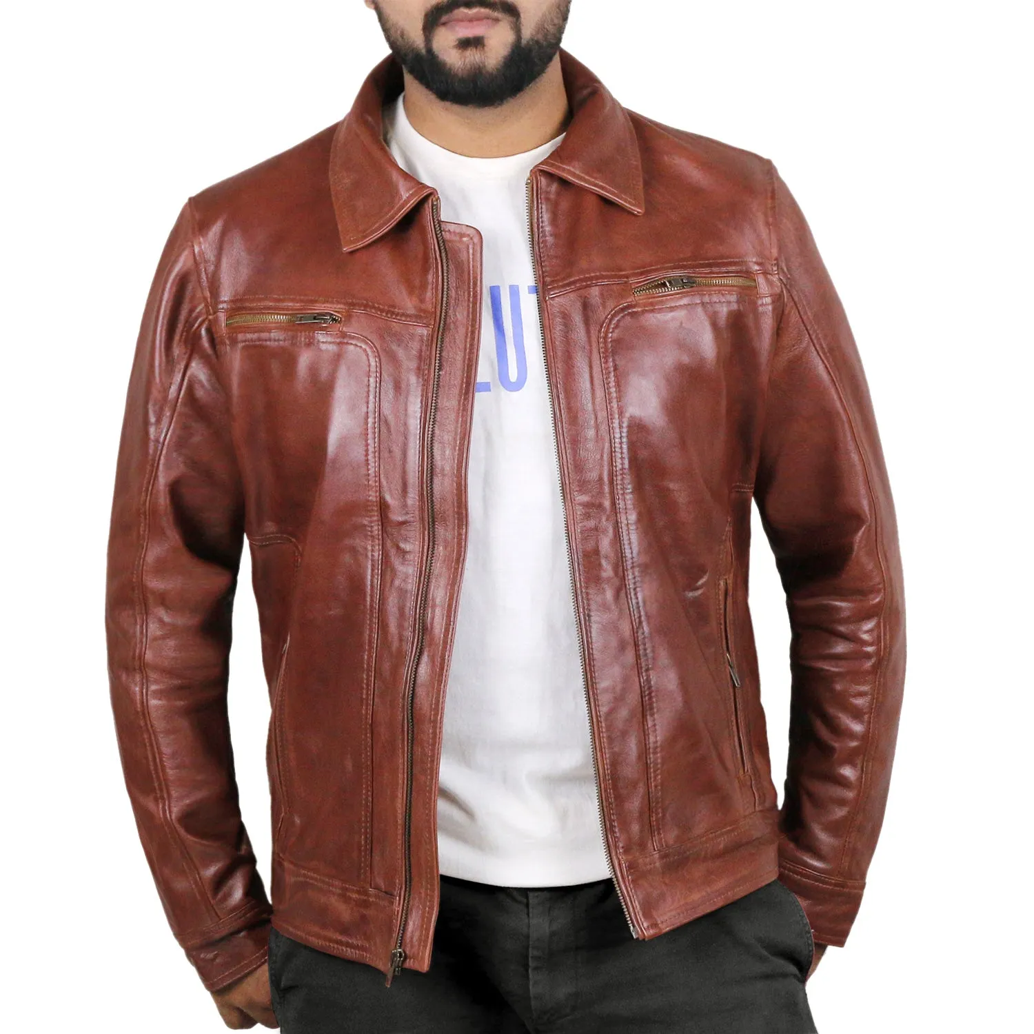 Leather Jackets Hub Mens Genuine Lambskin Leather Jacket (Black, Aviator Jacket) - 1501382