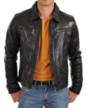 Leather Jackets Hub Mens Genuine Lambskin Leather Jacket (Black, Aviator Jacket) - 1501382