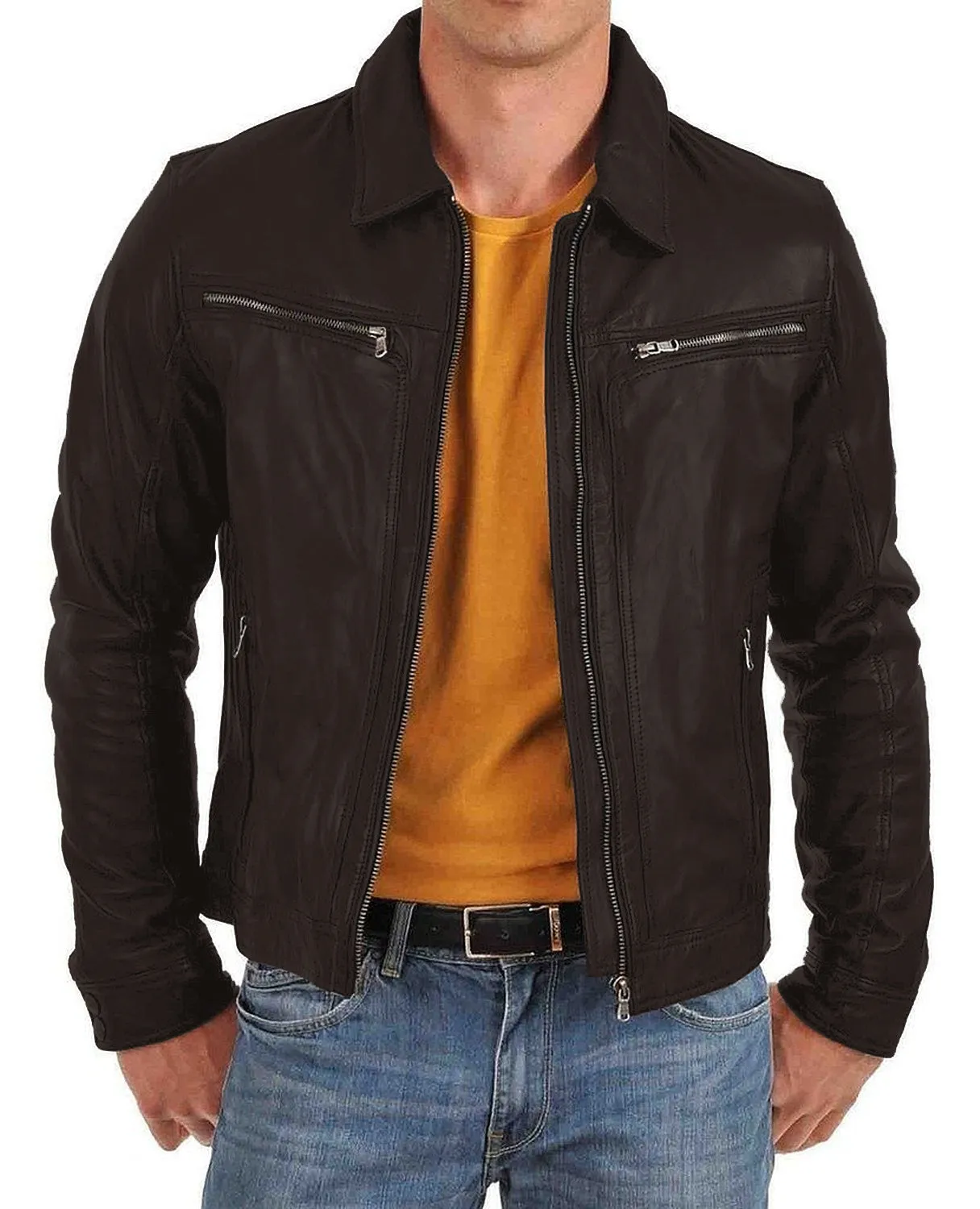Leather Jackets Hub Mens Genuine Lambskin Leather Jacket (Black, Aviator Jacket) - 1501382