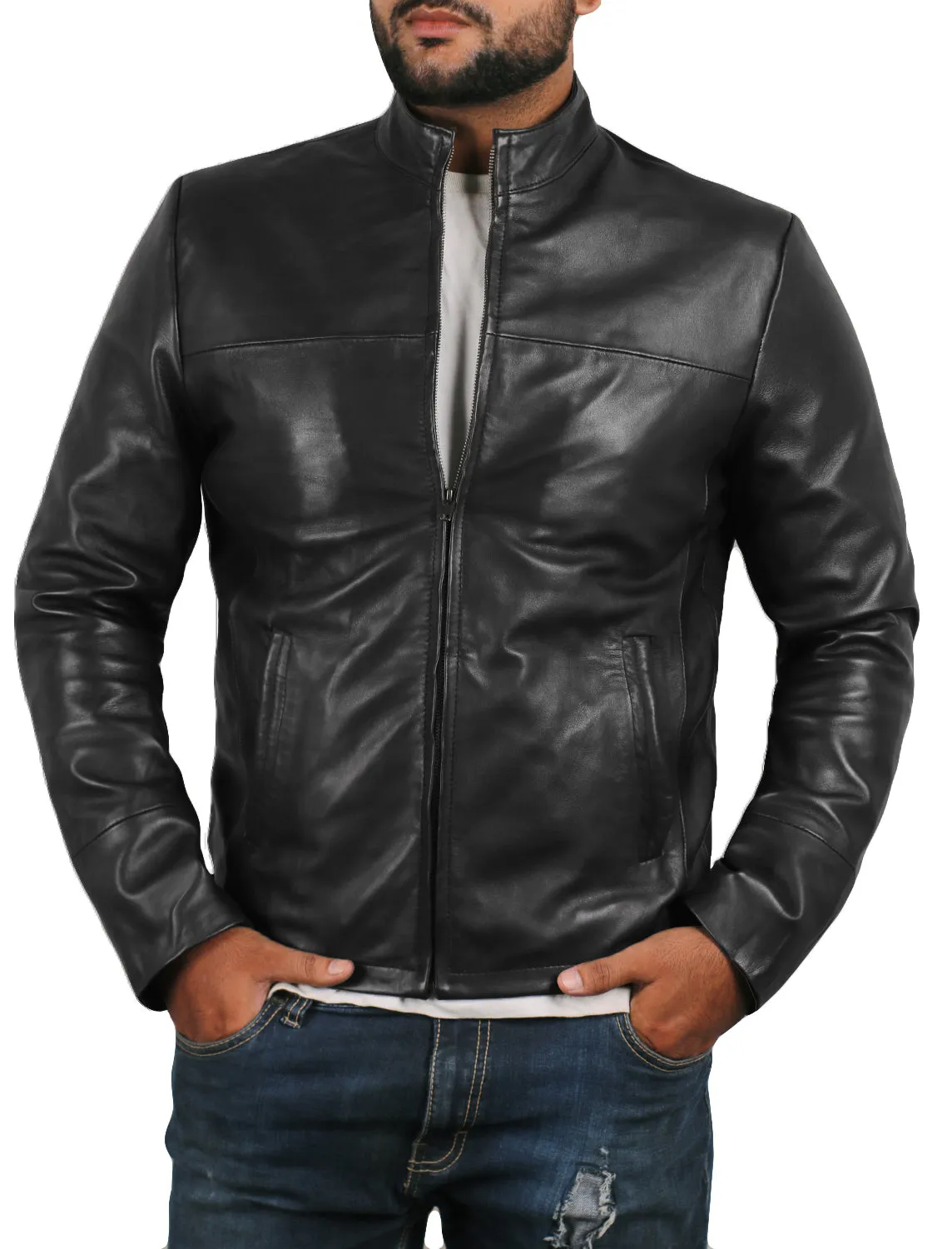 Leather Jackets Hub Mens Genuine Lambskin Leather Jacket (Black, Racer Jacket) - 1501212