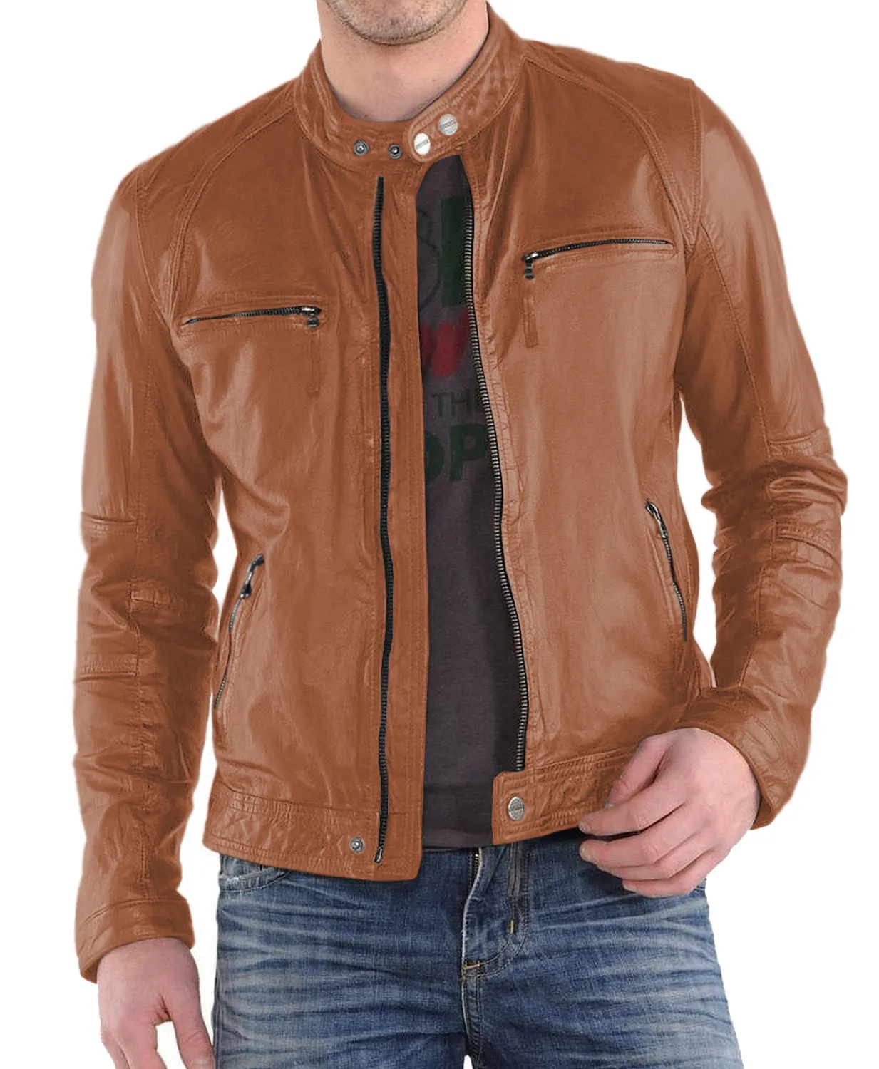 Leather Jackets Hub Mens Genuine Lambskin Leather Jacket (Black, Racer Jacket) - 1501220