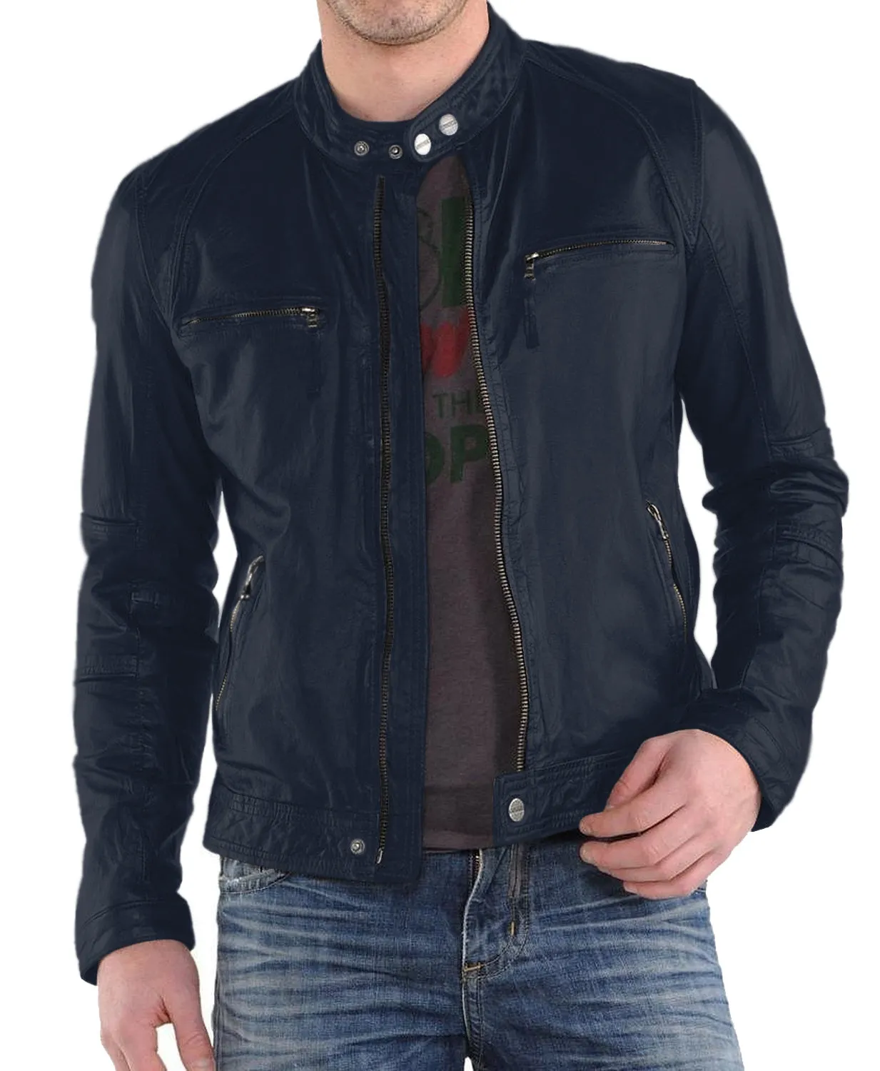 Leather Jackets Hub Mens Genuine Lambskin Leather Jacket (Black, Racer Jacket) - 1501220