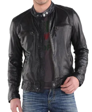 Leather Jackets Hub Mens Genuine Lambskin Leather Jacket (Black, Racer Jacket) - 1501220