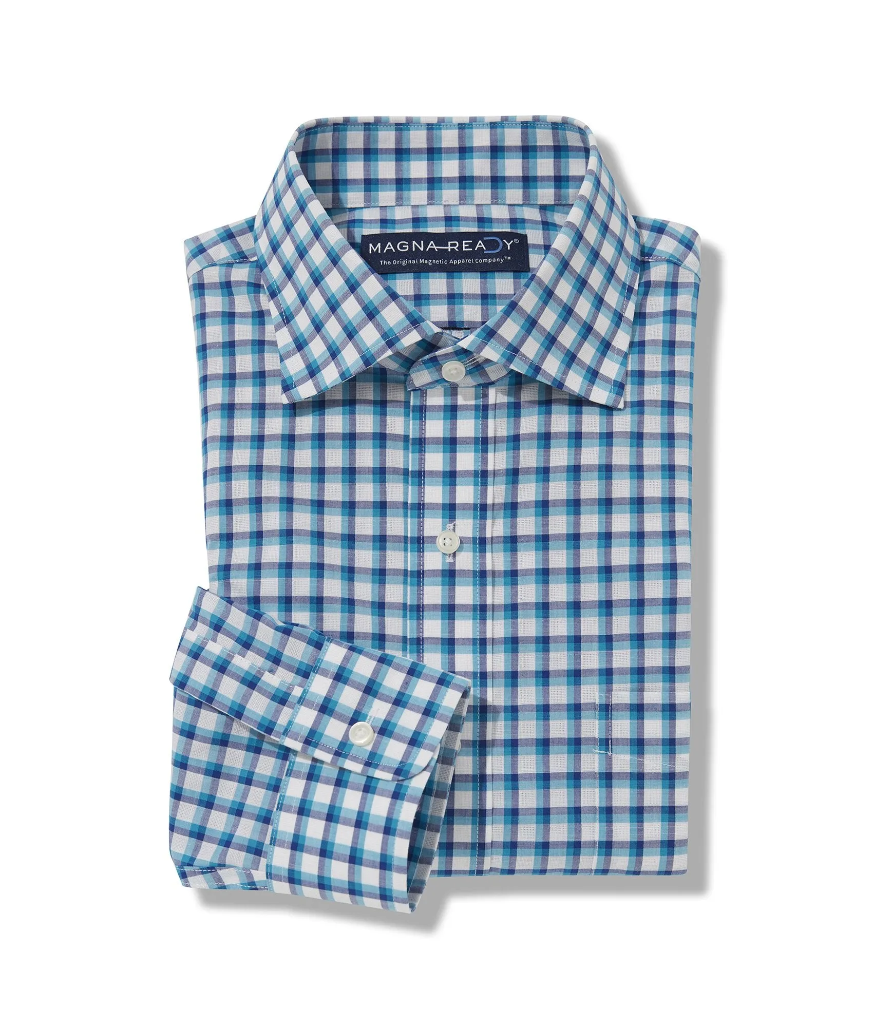 Long Sleeve Teal Multi Slub Grid Plaid Shirt with Magnetic Closures