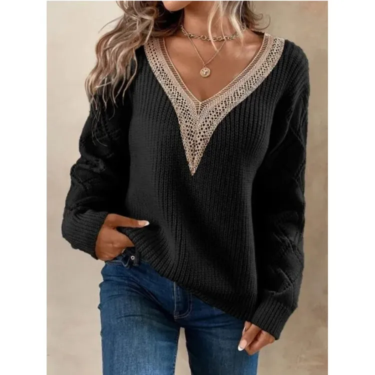 Long Sleeve V-neck Lace Patchwork Sweater
