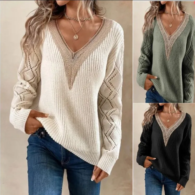 Long Sleeve V-neck Lace Patchwork Sweater