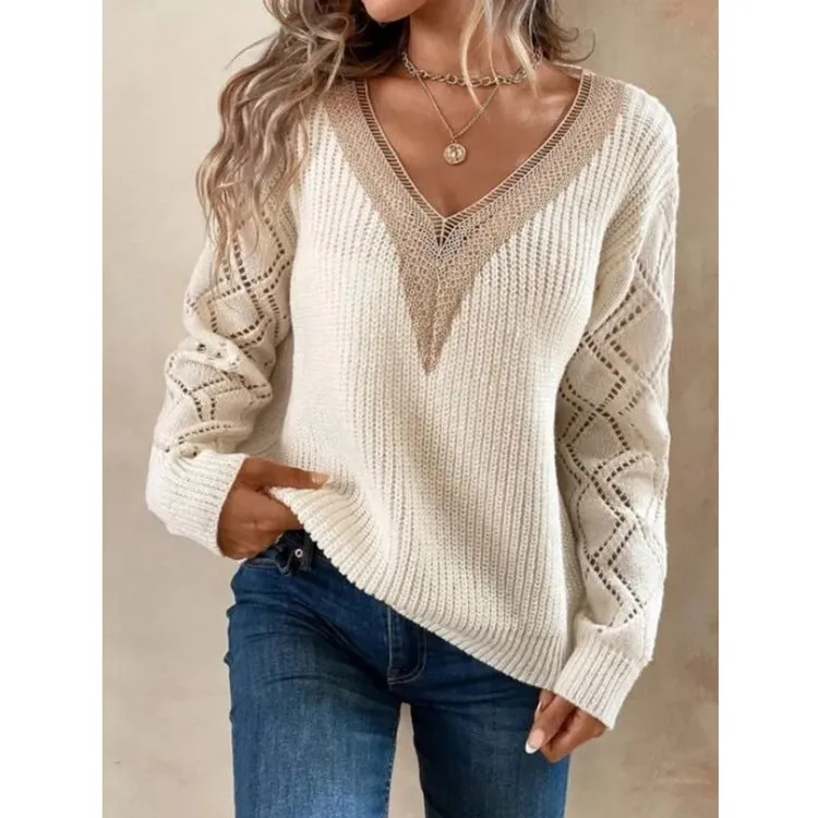 Long Sleeve V-neck Lace Patchwork Sweater