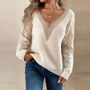 Long Sleeve V-neck Lace Patchwork Sweater