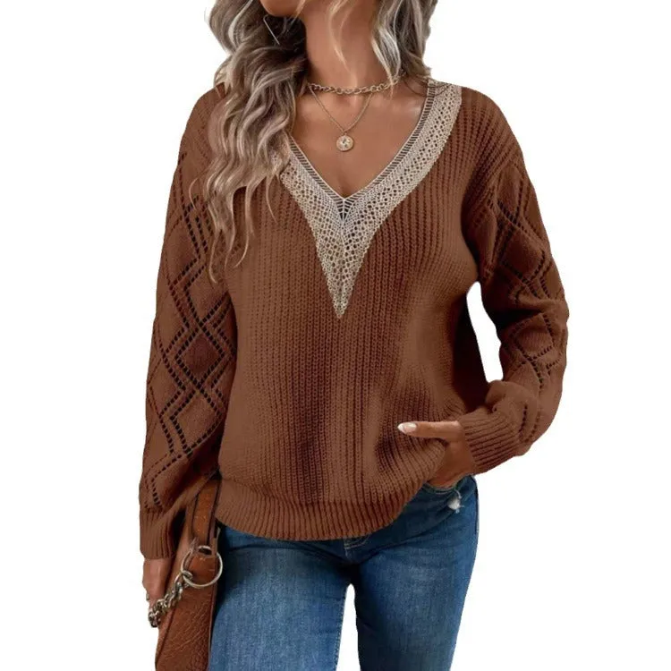 Long Sleeve V-neck Lace Patchwork Sweater
