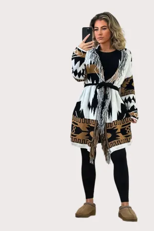 Native Print Fringed Waist Tie Thick Knit Cardigan
