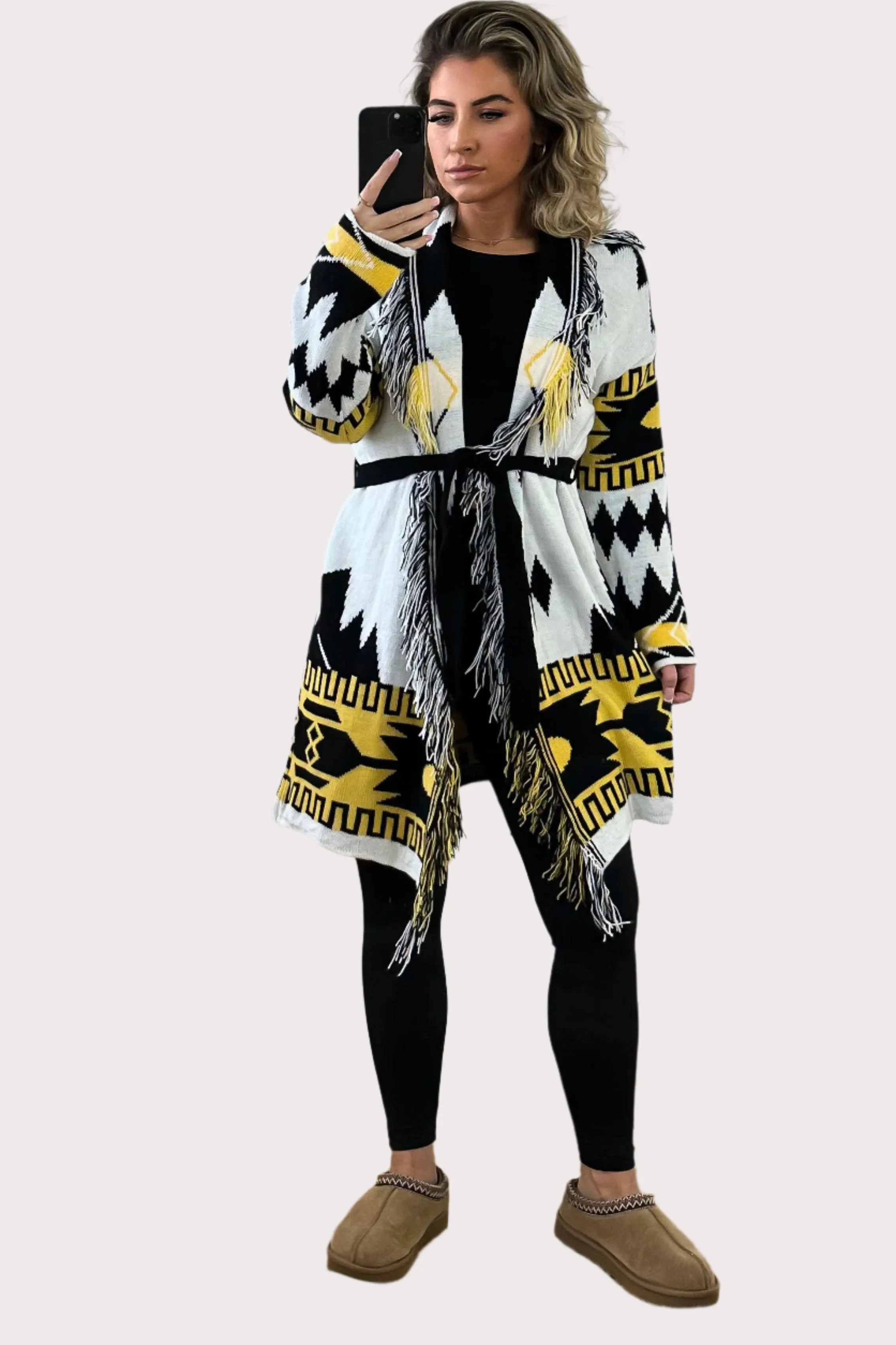 Native Print Fringed Waist Tie Thick Knit Cardigan