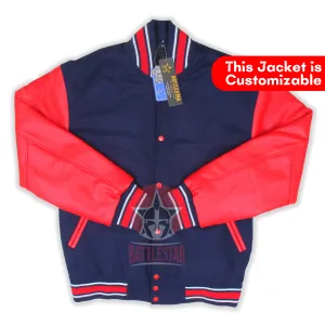 Navy Blue Wool Varsity Jacket Red Leather Sleeves