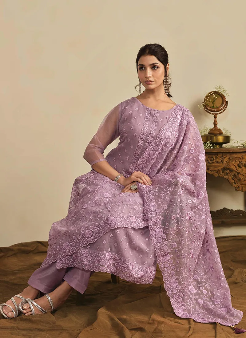 Purple Thread Work Embroidery Pakistani Pant Suit