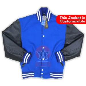 Royal Blue Wool Varsity Jacket Black Leather Sleeves