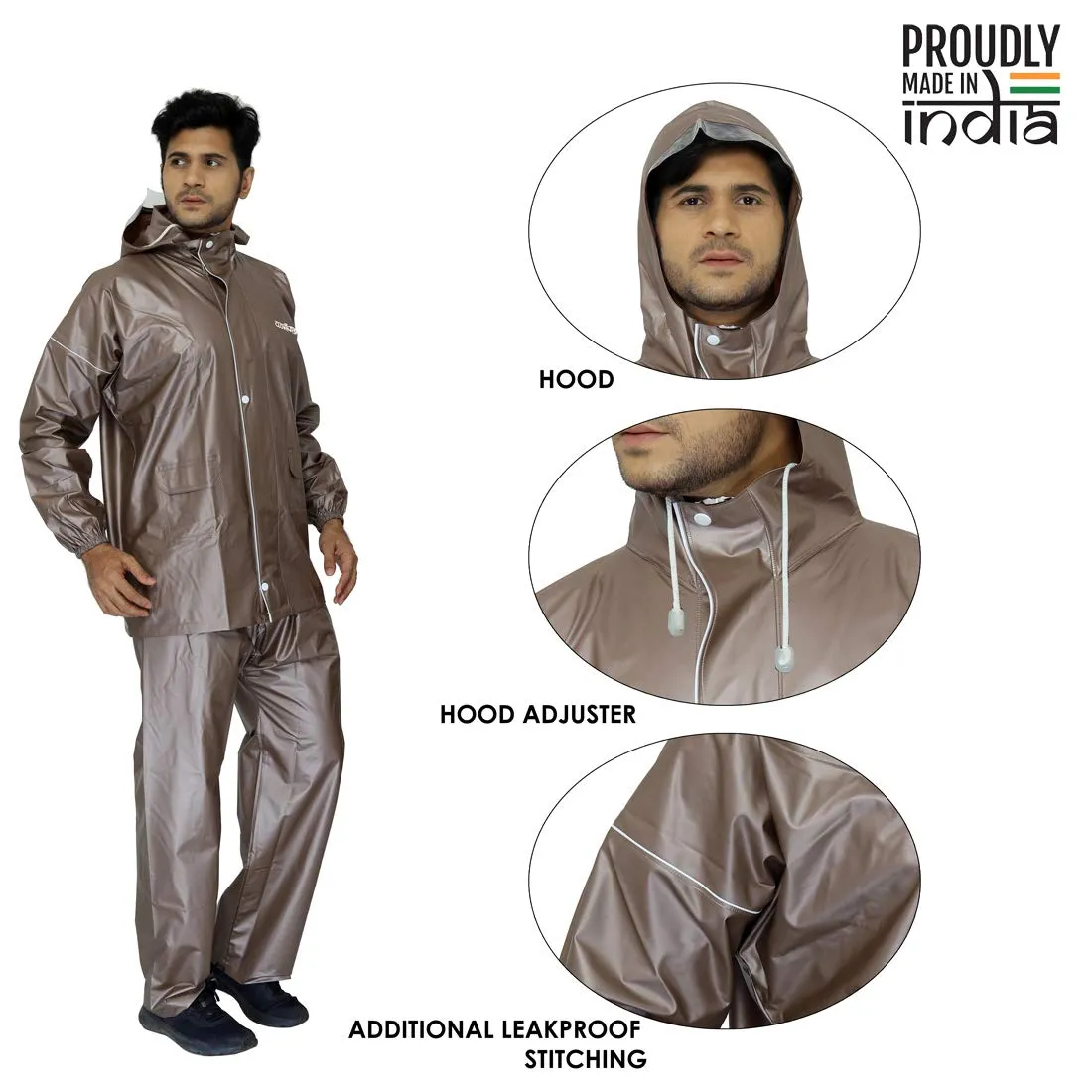 THE CLOWNFISH Oceanic Men's Waterproof PVC Raincoat with Hood and Reflector Logo at Back for Night Travelling. Set of Top and Bottom (Light Brown, XL)